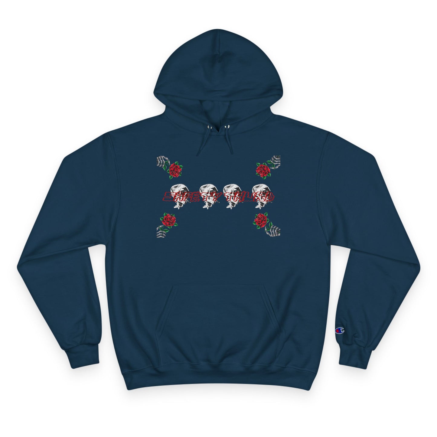 Safety Third Champion Hoodie with Roses and Skull Design