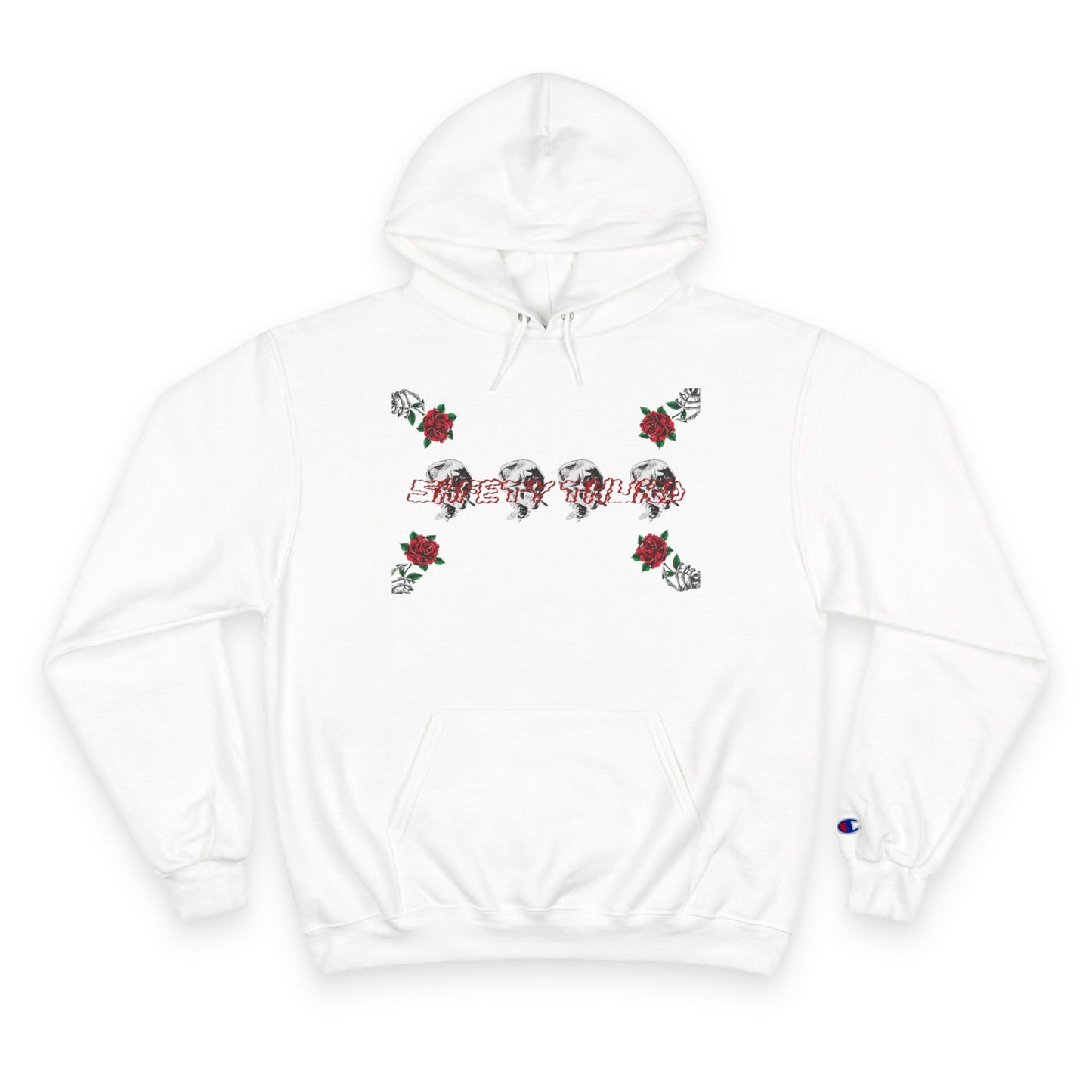 Safety Third Champion Hoodie with Roses and Skull Design