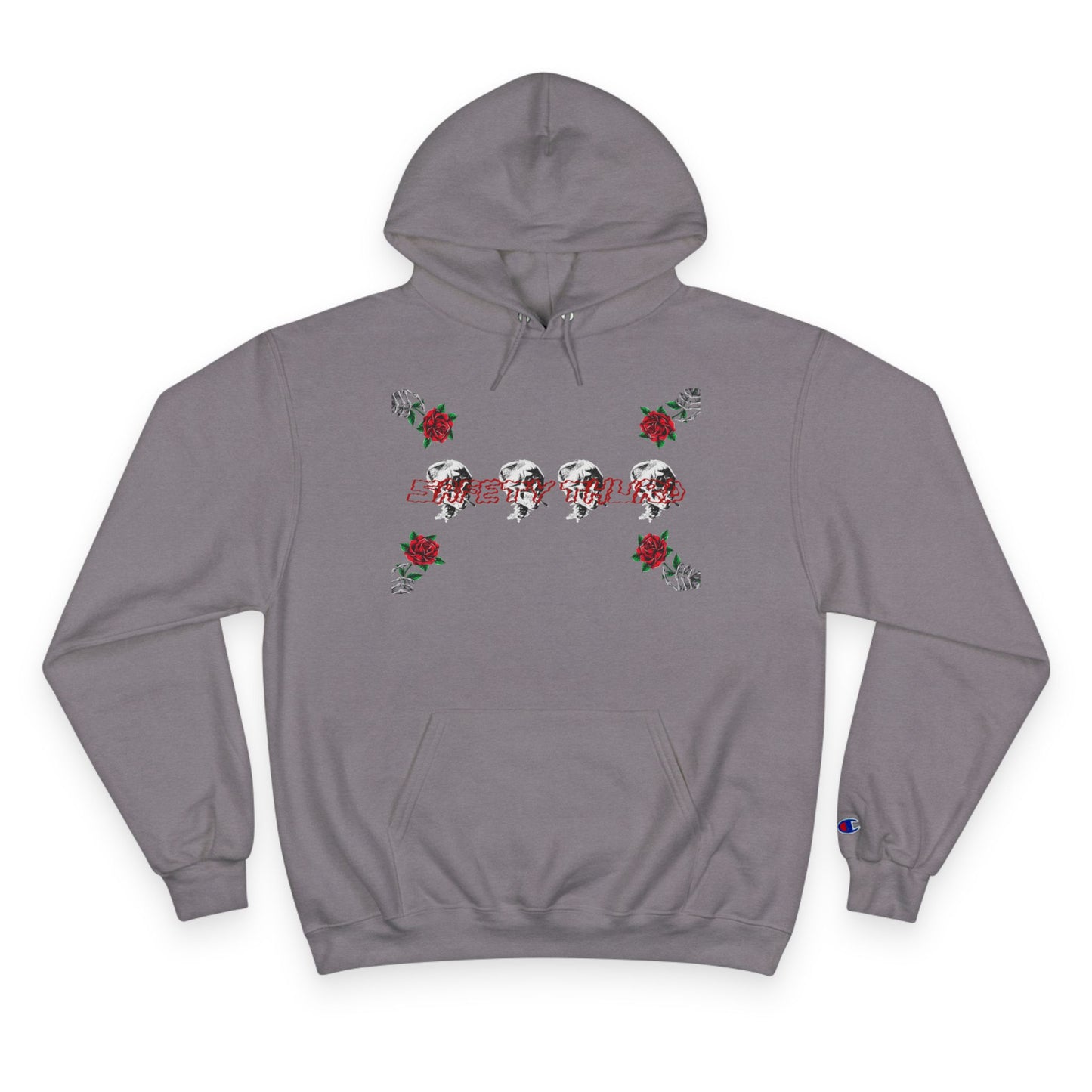 Safety Third Champion Hoodie with Roses and Skull Design