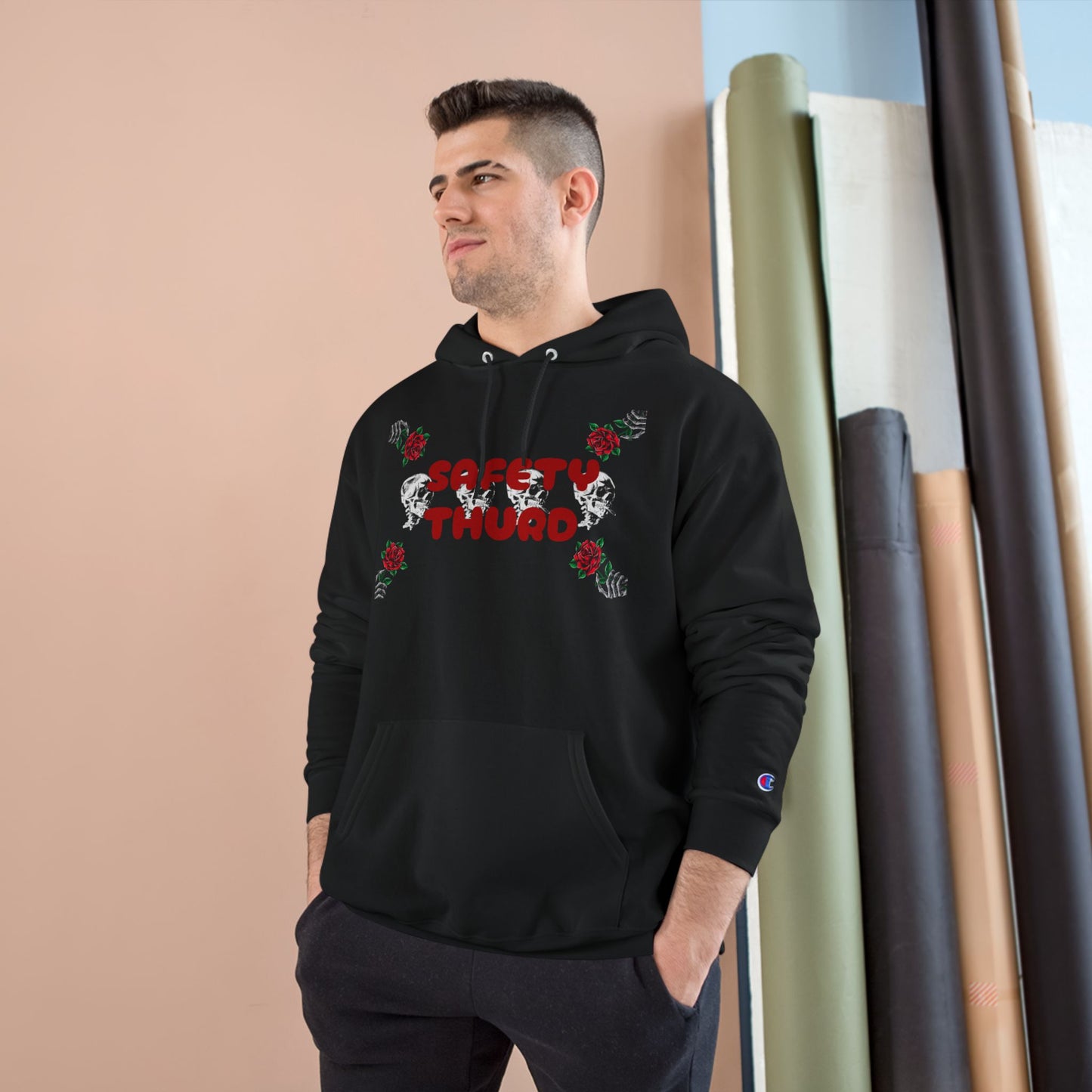 Safety Third Champion Hoodie with Roses and Skull Design