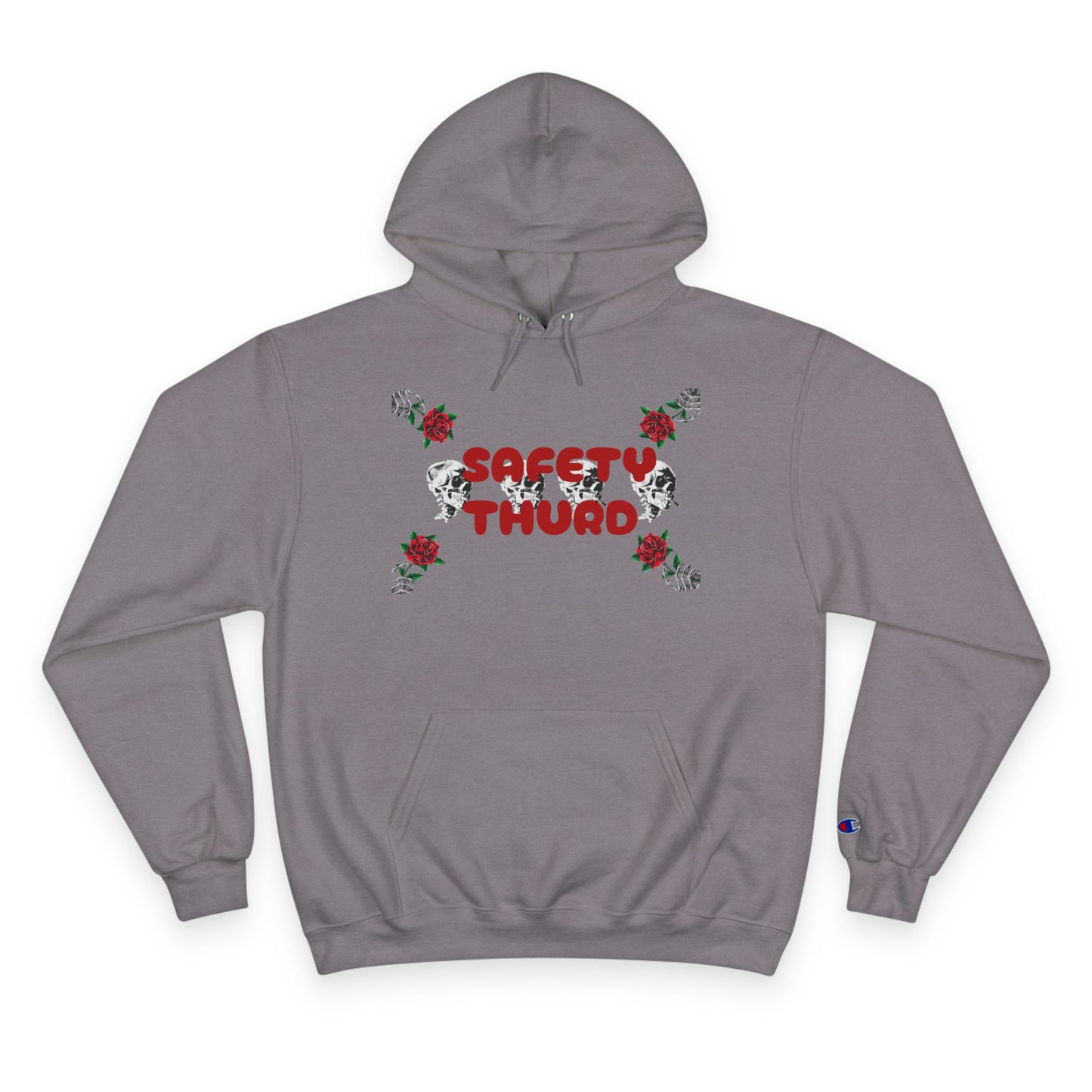 Safety Third Champion Hoodie with Roses and Skull Design