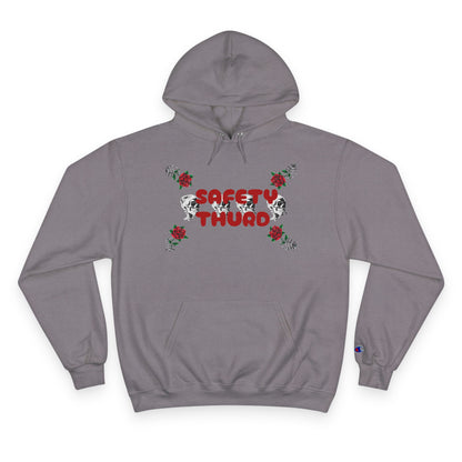 Safety Third Champion Hoodie with Roses and Skull Design