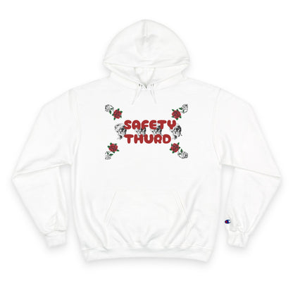 Safety Third Champion Hoodie with Roses and Skull Design
